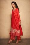 Shop_Gulabo by Abu Sandeep_Red Pure Chanderi Silk Neckline Embellished A-line Kurta_at_Aza_Fashions