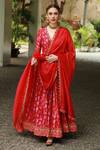Buy_Punit Balana_Red Chanderi Silk Surkh Laal Floral Print Angarkha Set_at_Aza_Fashions