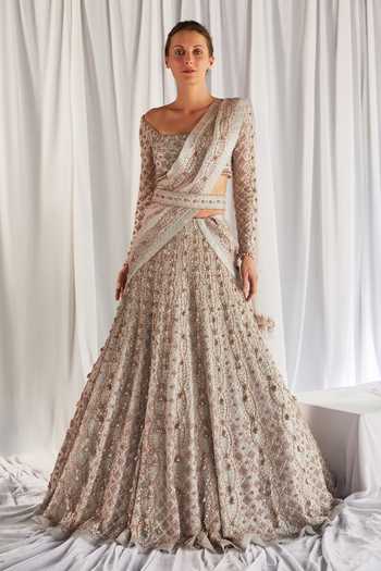 Silver Net Chandra Kiran Embroidered Lehenga Set - Rent