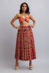 Buy_Nautanky_Peach Bustier-viscose Chiffon Sunflower Print Skirt Set_at_Aza_Fashions