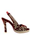 Shop_Veruschka by Payal Kothari_Maroon Velvet Embellished Peep-toe Heels_at_Aza_Fashions