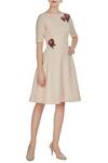 Buy_Gauri & Nainika_Beige Champagne Micro Crepe Peonies Skater Dress_at_Aza_Fashions