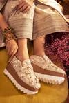 Buy_Anaar_Beige Moss Crepe Paradise Signature Embroidered Sneaker Wedges_at_Aza_Fashions