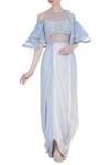 Buy_Babita Malkani_Blue Crepe Silk Saree Gown With Attached Organza Ruffle Blouse_at_Aza_Fashions
