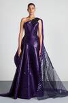 Buy_Amit Aggarwal_Purple Mesh Metallic One Shoulder Saree Gown_at_Aza_Fashions