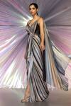 Buy_Amit Aggarwal_Grey Jersey Striped Draped Saree Gown_at_Aza_Fashions