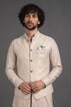 Shop_Arjan Dugal_Peach Chanderi Silk Embroidered Waistcoat_at_Aza_Fashions