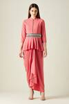 Buy_Aakaar_Coral Moss Crepe Peplum Top And Draped Skirt Set_at_Aza_Fashions