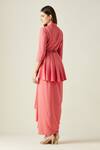 Shop_Aakaar_Coral Moss Crepe Peplum Top And Draped Skirt Set_at_Aza_Fashions