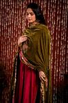Shop_Chandbari_Green Silk Velvet Embroidered Dupatta_at_Aza_Fashions