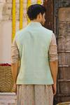 Shop_Chhavvi Aggarwal_Green Raw Silk Band Collar Bundi_at_Aza_Fashions