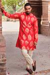 Shop_Nitesh Singh Chauhan_Red Silk Brocade Kurta And Pant Set_at_Aza_Fashions