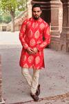 Buy_Nitesh Singh Chauhan_Red Silk Brocade Kurta And Pant Set_at_Aza_Fashions