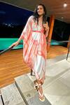 Buy_Vedika M_Peach Satin Hand Painted Draped Dress_at_Aza_Fashions