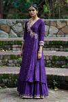 Shop_Deepthee_Purple Silk Paisley Embroidered Angarkha Kurta Set_at_Aza_Fashions