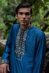 Shop_Deepthee_Blue Silk Embroidered Yoke Kurta And Churidar Set_at_Aza_Fashions