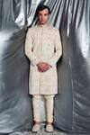 Shop_Dev R Nil_White Handloom Cotton Embroidered Sherwani_at_Aza_Fashions