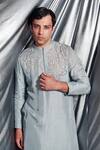 Shop_Dev R Nil_Grey Silk Embroidered Kurta Set_at_Aza_Fashions