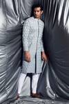 Shop_Dev R Nil_Grey Silk Embroidered Sherwani Set_at_Aza_Fashions