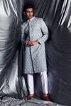 Buy_Dev R Nil_Grey Silk Embroidered Sherwani Set_at_Aza_Fashions