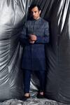 Shop_Dev R Nil_Blue Silk Ikat Embroidered Sherwani Set_at_Aza_Fashions