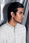 Shop_Dev R Nil_Grey Silk Embroidered Sherwani Set_at_Aza_Fashions