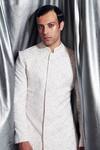 Shop_Dev R Nil_White Silk Embroidered Sherwani_at_Aza_Fashions