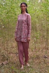 Buy_Incheetape_Brown Silk Chanderi Embroidered Short Tunic And Dhoti Pant Set_at_Aza_Fashions