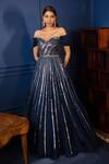 Buy_PARUL GANDHI_Blue Organza Off Shoulder Embroidered Gown_at_Aza_Fashions