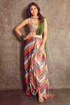 Buy_Punit Balana_Multi Color Satin Silk Stripe Print Pre-draped Saree Set_at_Aza_Fashions