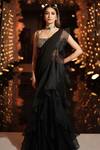 Buy_Ridhi Mehra_Black Chanderi Pre-draped Ruffle Saree Set_at_Aza_Fashions