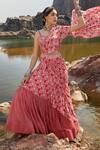 Shop_Awigna_Peach Georgette Printed Pre-draped Saree With Blouse_at_Aza_Fashions