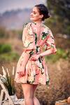 Shop_The Royaleum_Peach Viscose Pleated Floral Print Dress_at_Aza_Fashions