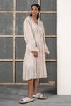Shop_Urvashi Kaur_Peach Handwoven Silk Linen Midi Dress_at_Aza_Fashions
