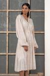 Buy_Urvashi Kaur_Peach Handwoven Silk Linen Midi Dress_at_Aza_Fashions