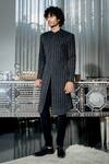 Buy_Varun Chakkilam_Black Poly Blend Suiting Metallic Embroidered Sherwani Set_at_Aza_Fashions