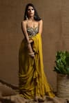 Shop_Kanj by Priyanka A Sakhuja_Yellow Georgette Embroidered Leaf Sequin Ridha Pre-draped Saree With Blouse _at_Aza_Fashions