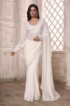 Aariyana Couture_Off White Saree Viscose Georgette Border With Bishop Sleeve Blouse _at_Aza_Fashions