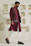 Shop_Shreyansh Designs_Maroon Cotton Silk Blend Embroidered Geometric Shrug  _at_Aza_Fashions