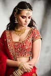 Shop_Tisha Saksena_Red Top And Lehenga Raw Silk Embroidered Applique Round Neck Hand Bridal Set _at_Aza_Fashions