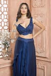 Aariyana Couture_Blue Hand Embroidered Floral Pattern Plunge V Neck Sheer Cape Draped Skirt Set _Online_at_Aza_Fashions