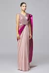 Amit Aggarwal_Fuchsia Chiffon Embroidered Striped V Neck Metallic Draped Gown  _Online_at_Aza_Fashions