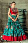 Buy_Shachi Sood_Blue Dupion Silk Print And Embroidery Floral Round Yoke Blouse And Lehenga Set _at_Aza_Fashions