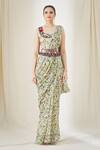 Anamika Khanna_Green Embroidered Floral Scoop Neck Scallop Cape And Printed Saree Set _Online_at_Aza_Fashions