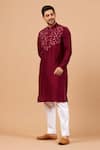 Buy_Hilo Design_Purple Silk, Cotton, Lycra Embroidery Leaf Motif Basik Kurta And Pant Set _Online_at_Aza_Fashions