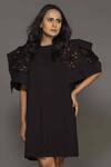 Shop_Deepika Arora_Black Roma Embroidered Neon Cut Work 3d Flowers Round Sleeve Dress _at_Aza_Fashions