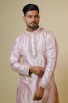 Hilo Design_Coral Dupion Silk And Cotton Lycra Embroidery Thread Mandarin Collar Kurta Set _at_Aza_Fashions