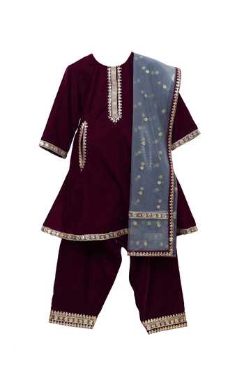 Buy_Minime Organics_Grey Velvet, Net Embroidery Round Neck Kurta Set _at_Aza_Fashions