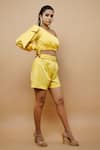 Ahi Clothing_Yellow 100% Cotton Plain Asymmetric Pleated Crop Top And Shorts Set _Online_at_Aza_Fashions