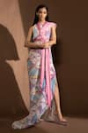 Buy_Abhishek Sharma_Multi Color Poly Georgette Printed Geometric Round Neck Draped Gown  _at_Aza_Fashions